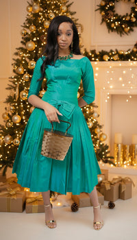 1950s Emerald Green Bateau Cocktail Dress - Size S