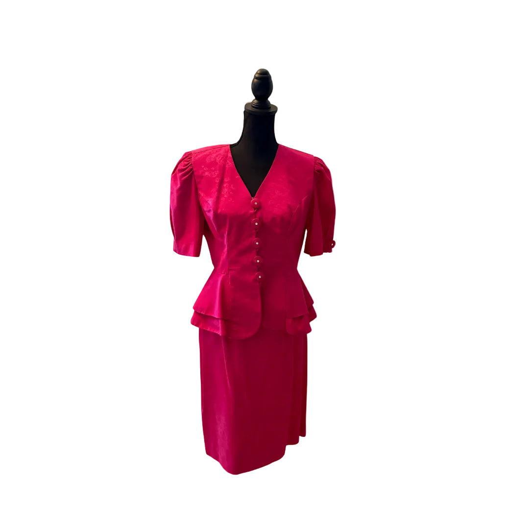 Hot Pink Jacquard Skirt Suit Lady Carol Classic 80s Set - Size 8