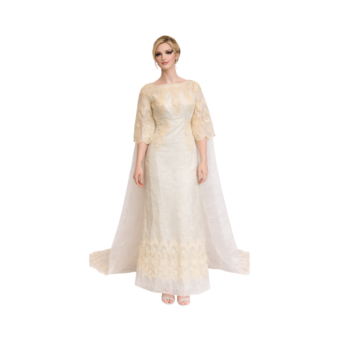 1960s Vintage Ivory Lace Alfred Angelo by Edythe Vincent A-Line Wedding Gown with Sheer Cape Train – Size 4
