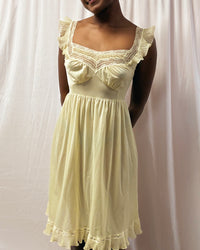 1970s Sheer Yellow Ruffle Trim Lingerie Slip with Frilly Sleeves – Size S