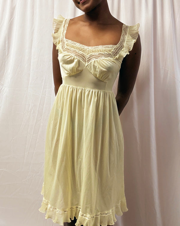 1970s Sheer Yellow Ruffle Trim Lingerie Slip with Frilly Sleeves – Size S