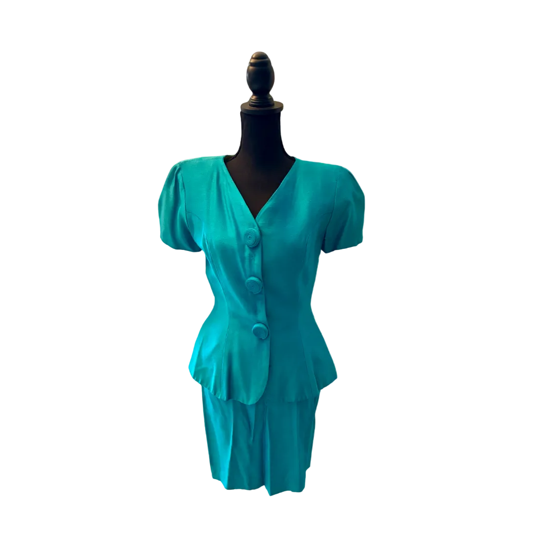 Turquoise Raw Silk Cocktail Suit Watters Watters Classic 80s Set - Size 6