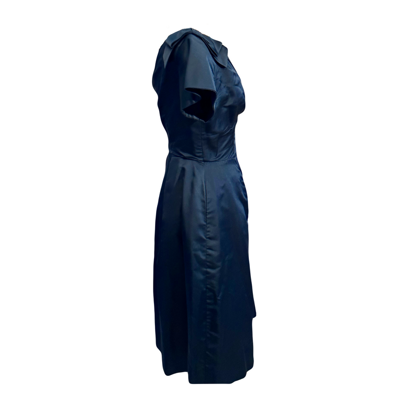 Vintage V-Neck Ruffled Dress with Bow Accents in Midnight Blue – Size 12