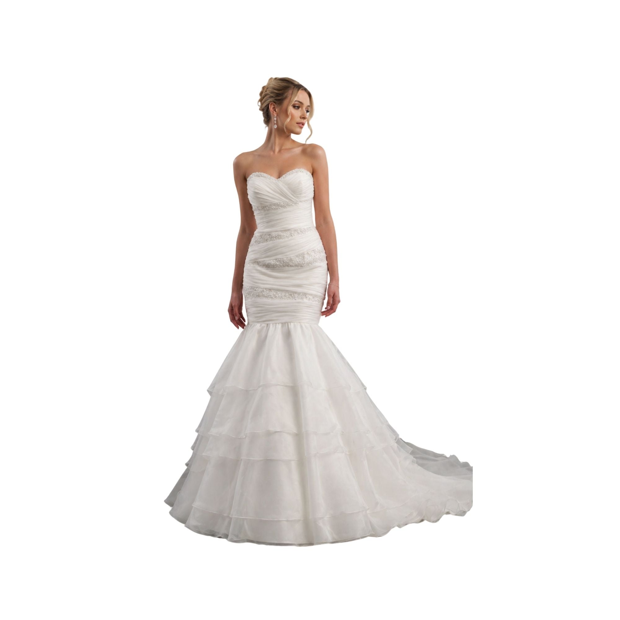 Vintage Inspired White Ruched Mermaid Wedding Gown w/ Beaded Detail – Size 6