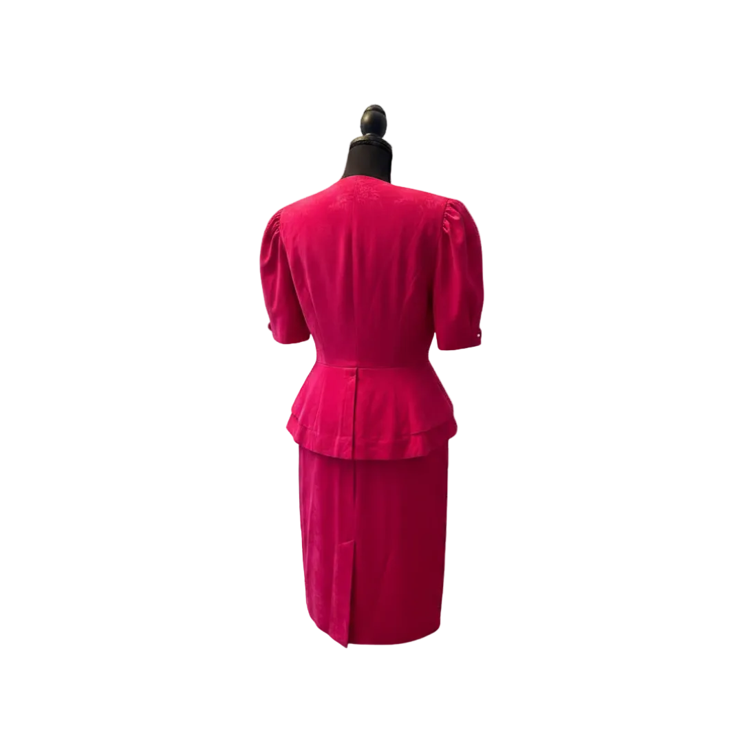 Hot Pink Jacquard Skirt Suit Lady Carol Classic 80s Set - Size 8
