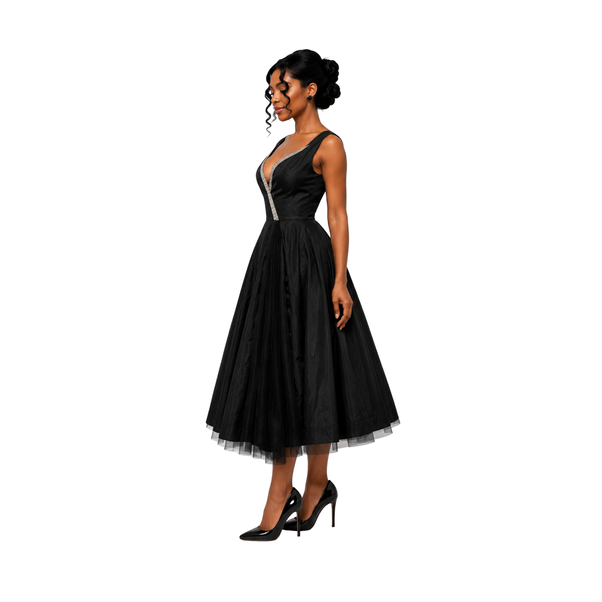 1940s Black Satin Silver Beaded Cocktail Dress with Tulle Inset – Size S