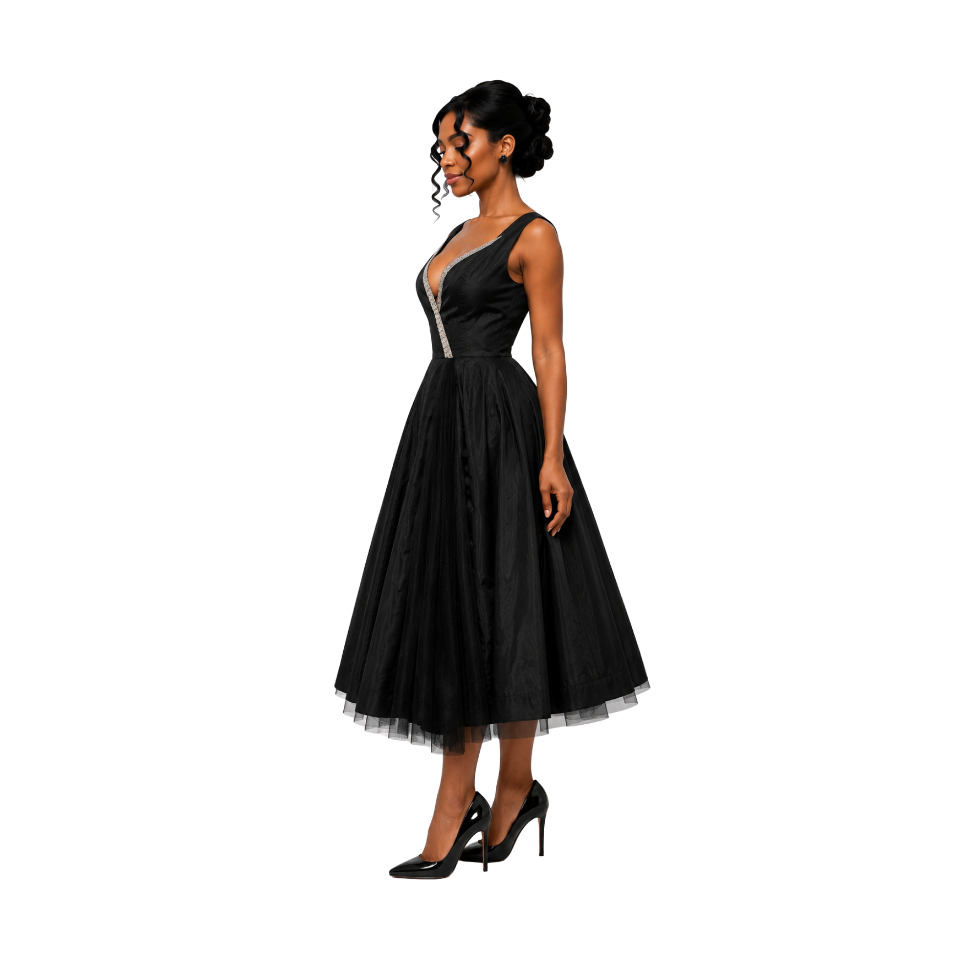 1940s Black Satin Silver Beaded Cocktail Dress with Tulle Inset – Size S