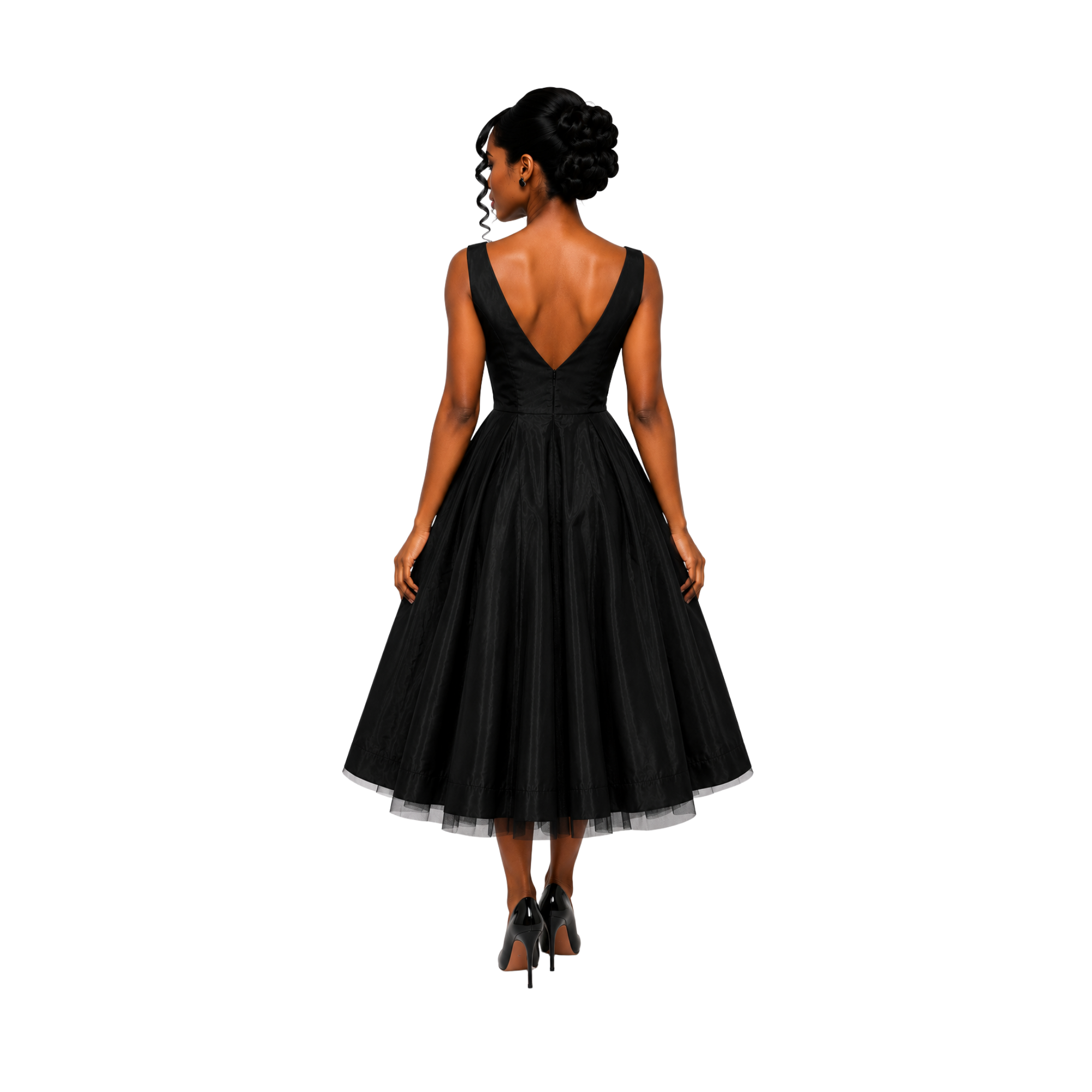 1940s Black Satin Silver Beaded Cocktail Dress with Tulle Inset – Size S