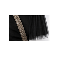 1940s Black Satin Silver Beaded Cocktail Dress with Tulle Inset – Size S