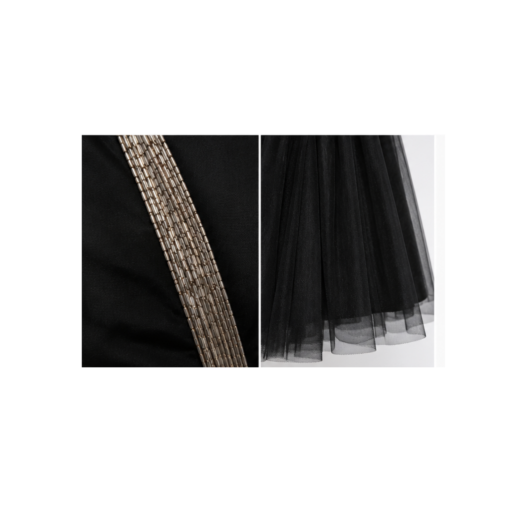 1940s Black Satin Silver Beaded Cocktail Dress with Tulle Inset – Size S