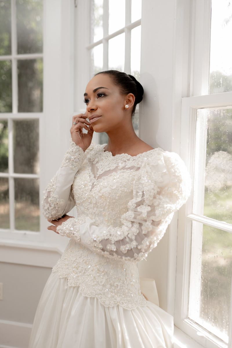 Dreamy Beaded Lace Bridal Gown with Puff Sleeves Size S 2Earthymamas Dreamy Beaded Lace Bridal Gown with Puff Sleeves Size S 2Earthymamas