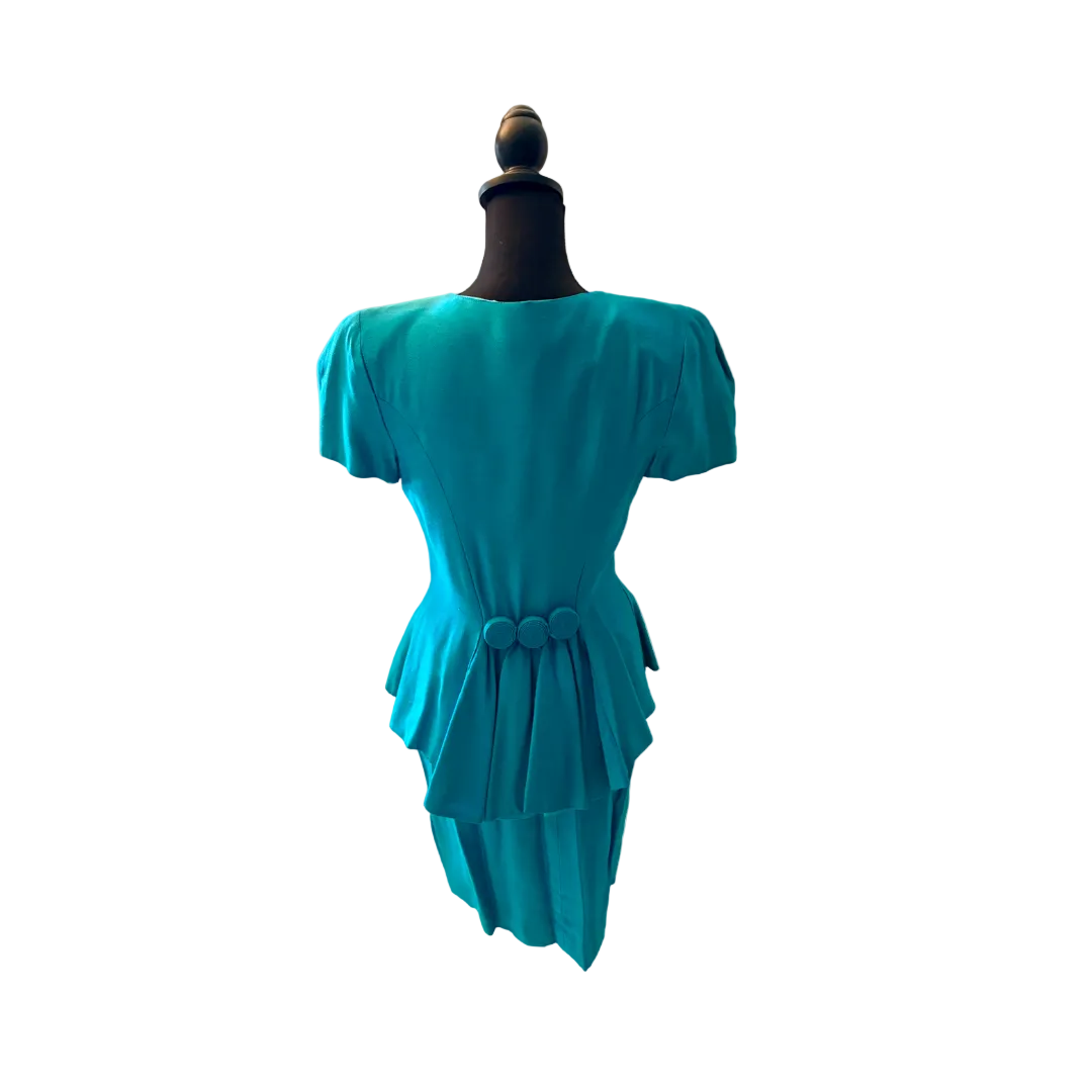 Turquoise Raw Silk Cocktail Suit Watters Watters Classic 80s Set - Size 6