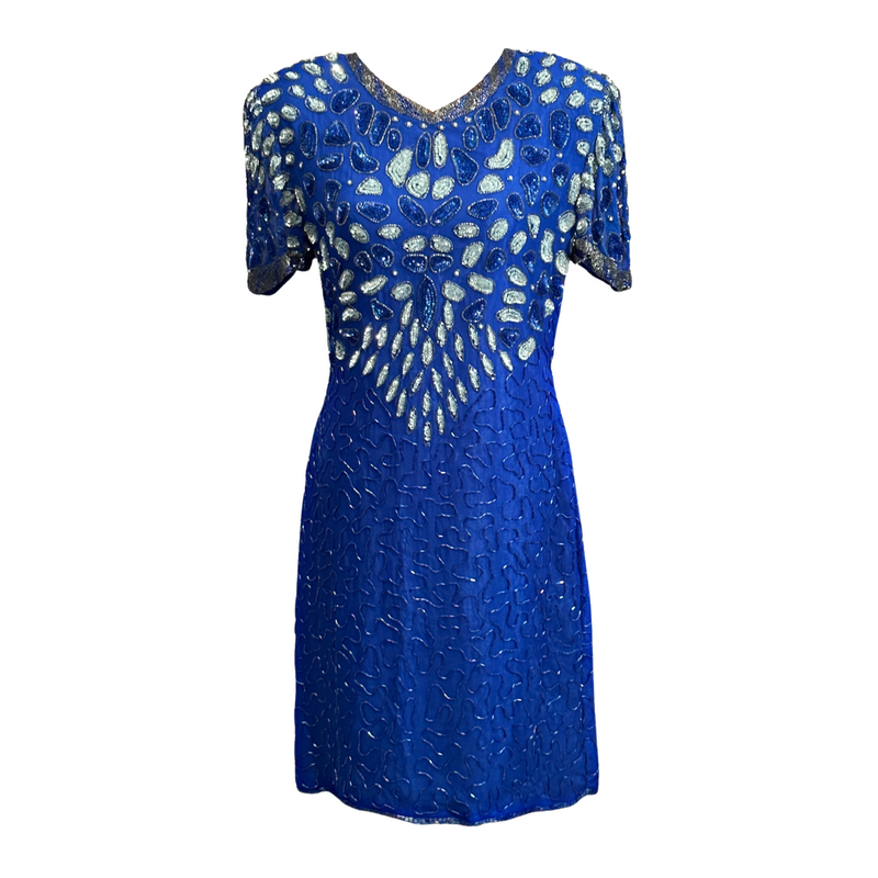 Glittering Sequined Short Sleeve Dress in Blue – Size 8