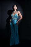 Turquoise spaghetti strap sequin evening gown with beaded bodice -  Size S