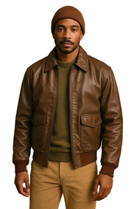 Brown Leather Aviator Bomber Jacket Avirex AF Classic 90s Flight Jacket - Size 44R