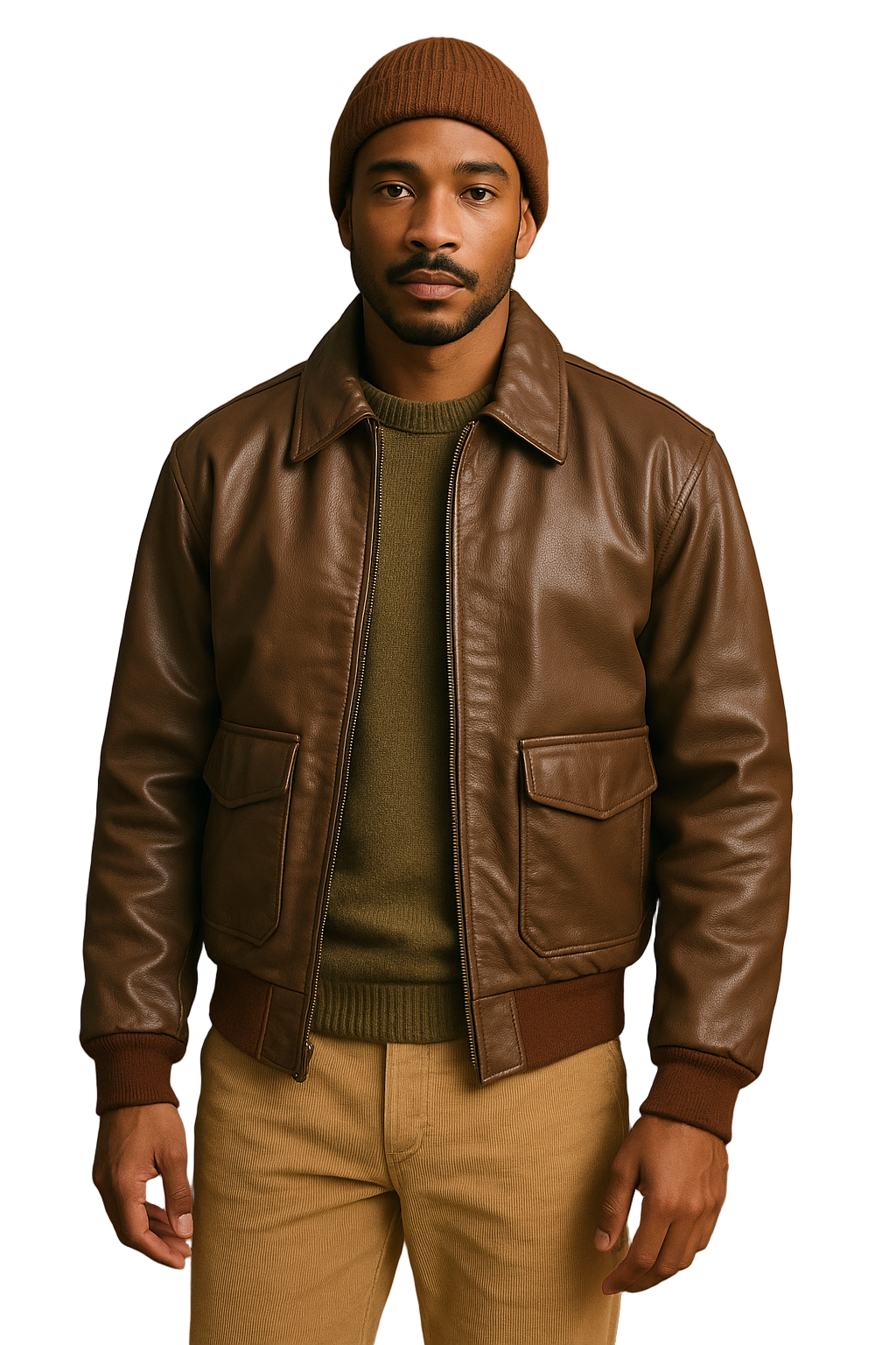 Brown Leather Aviator Bomber Jacket Avirex AF Classic 90s Flight Jacket - Size 44R