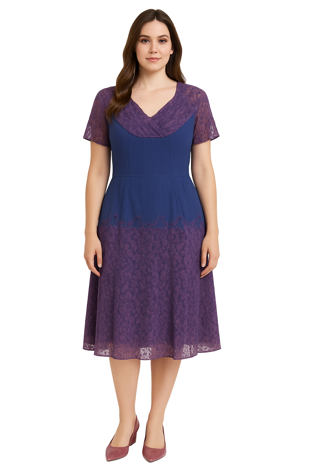 Purple Blue Lace Midi Dress Pleated Bodice - Size 10/12