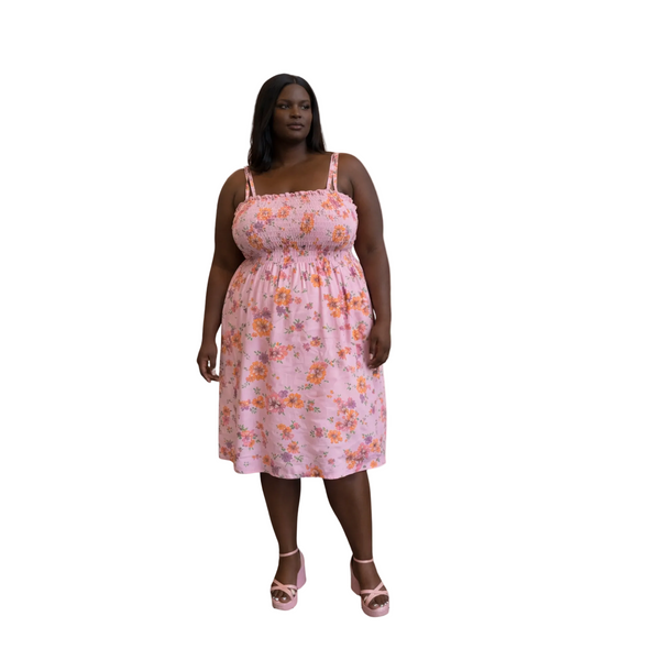 Pink Peach Floral Smocked Vintage Sundress Boho Summer Dress - Size XL