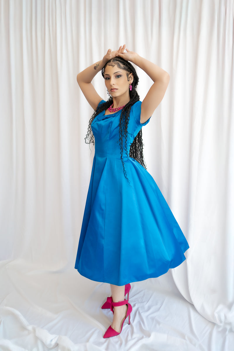 Vintage Sapphire Blue Satin Party Dress - Size S  2Earthymamas