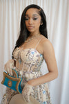 Vintage Blue Beaded Linen Clutch