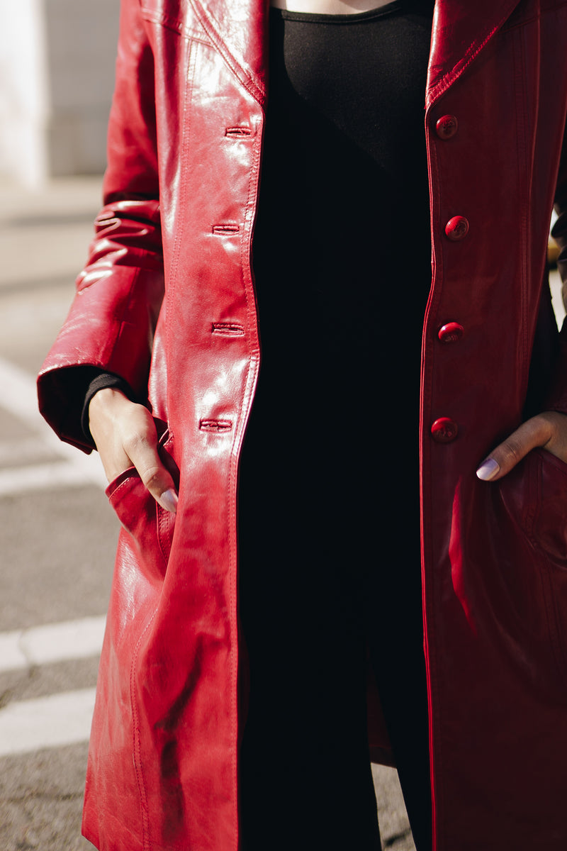 Vintage 1970s Genuine Red Leather Trench Coat- Size S