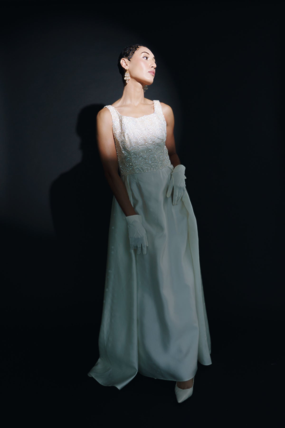 1950s Mike Benet White Formal Gown with Sequined Bodice – Size 12 (Modern 4)