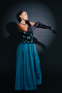 1960s Victoria Royal Strapless Dress: Black Lace & Blue Silk Size Small