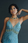 Turquoise spaghetti strap sequin evening gown with beaded bodice -  Size S