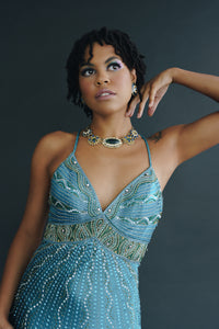 Turquoise spaghetti strap sequin evening gown with beaded bodice -  Size S