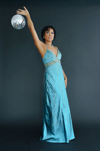 Turquoise spaghetti strap sequin evening gown with beaded bodice -  Size S