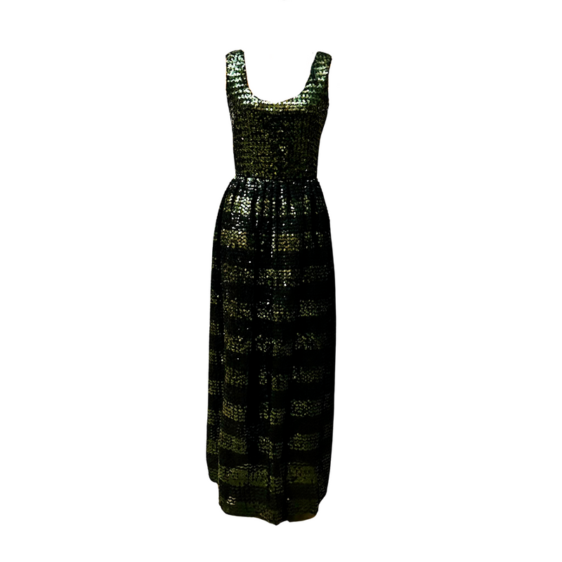 Vintage 70s Golden Elegance Sequin Gown in Green and Black - Size 10