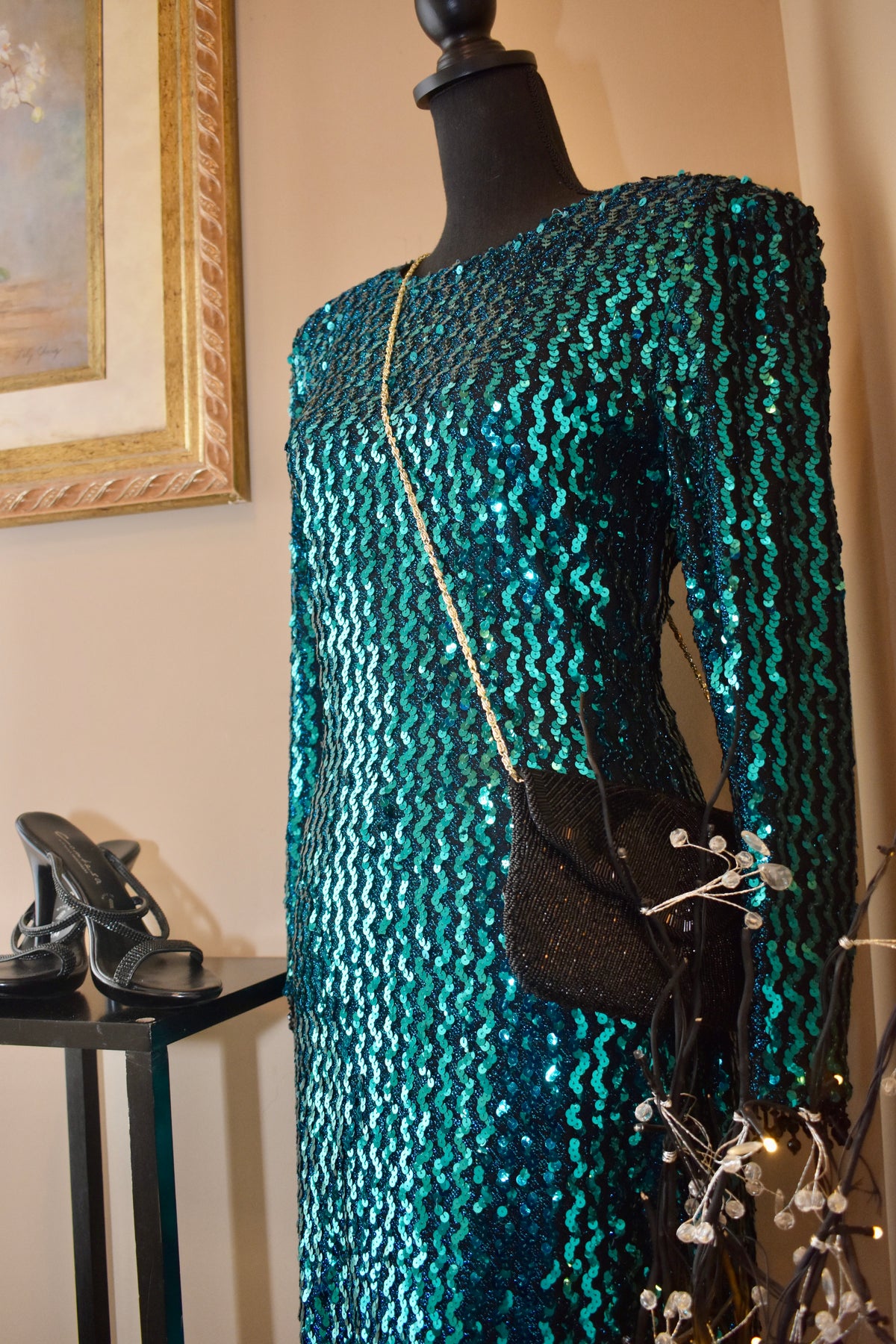 Turquoise Blue Green Sequin Party Dress Jarrod's 80s Evening Cocktail Dress - Size 8