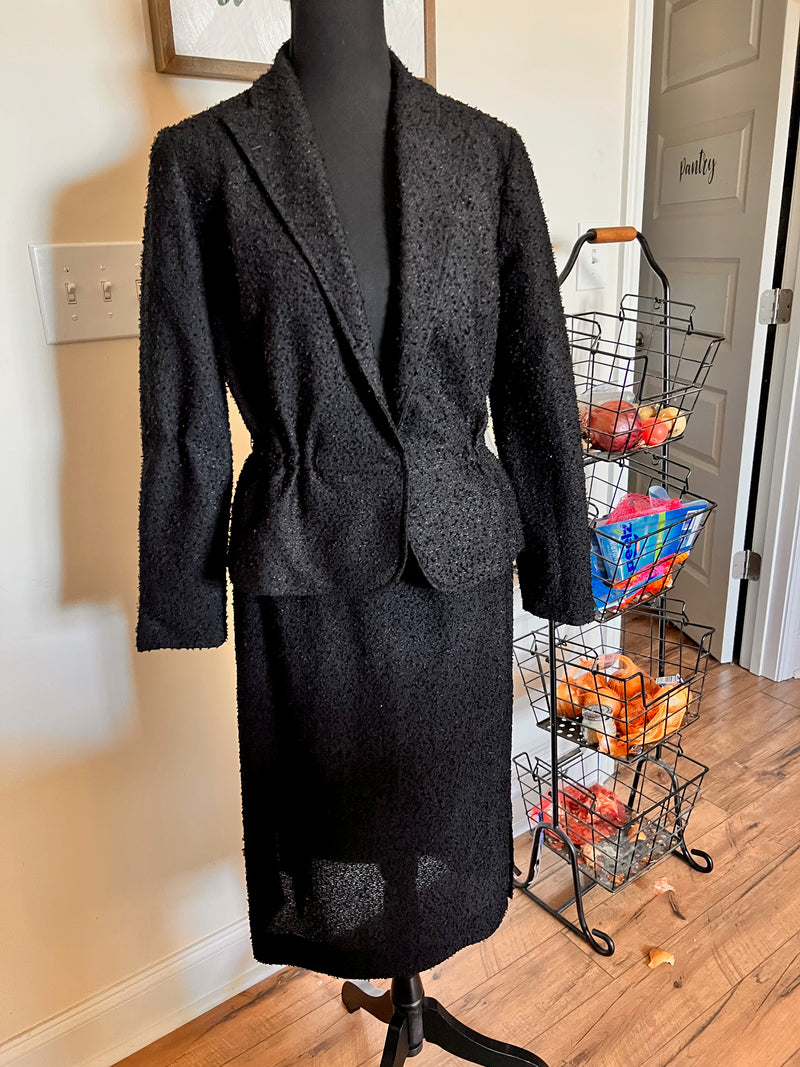 1960s Wiggle Black 2 Piece Boucle Suit