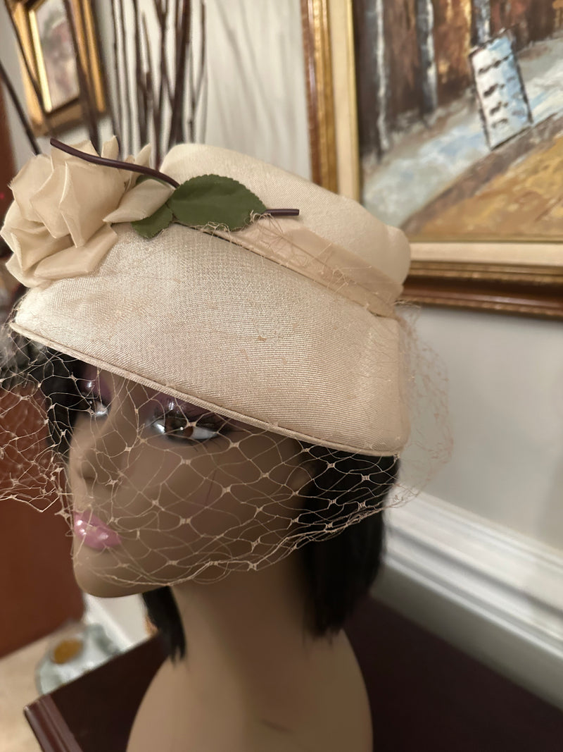 Elegant Champagne Floral Hat with Lace Netting