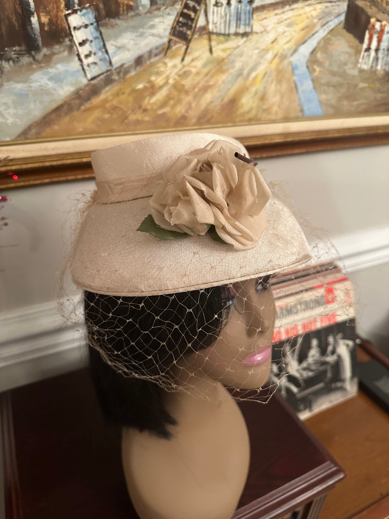 Elegant Champagne Floral Hat with Lace Netting