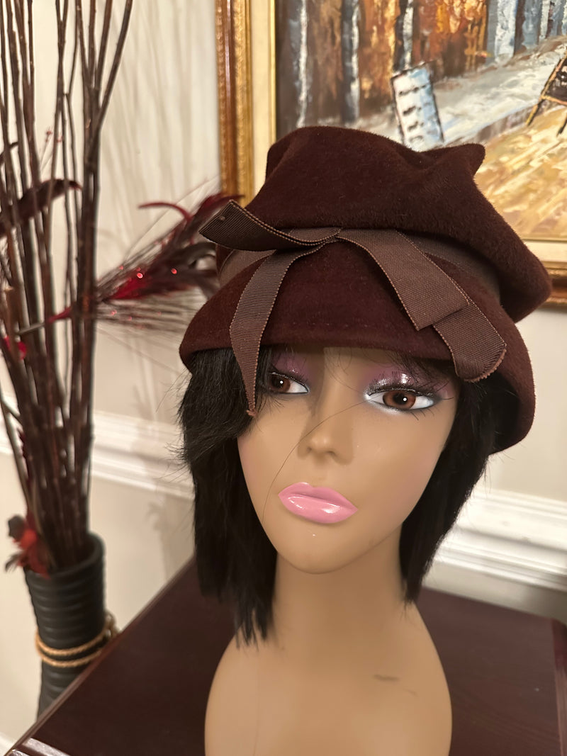 Brown Velour Cloche Hat with Front Brow