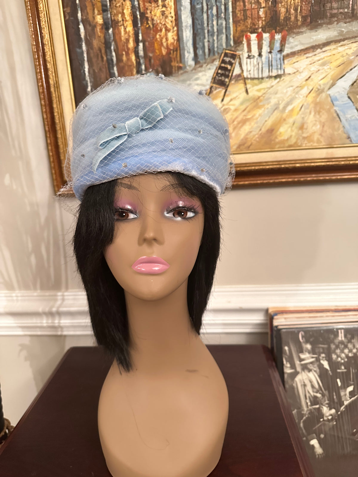 Vintage Baby Blue Hat with Velvet Bow and Net Detail