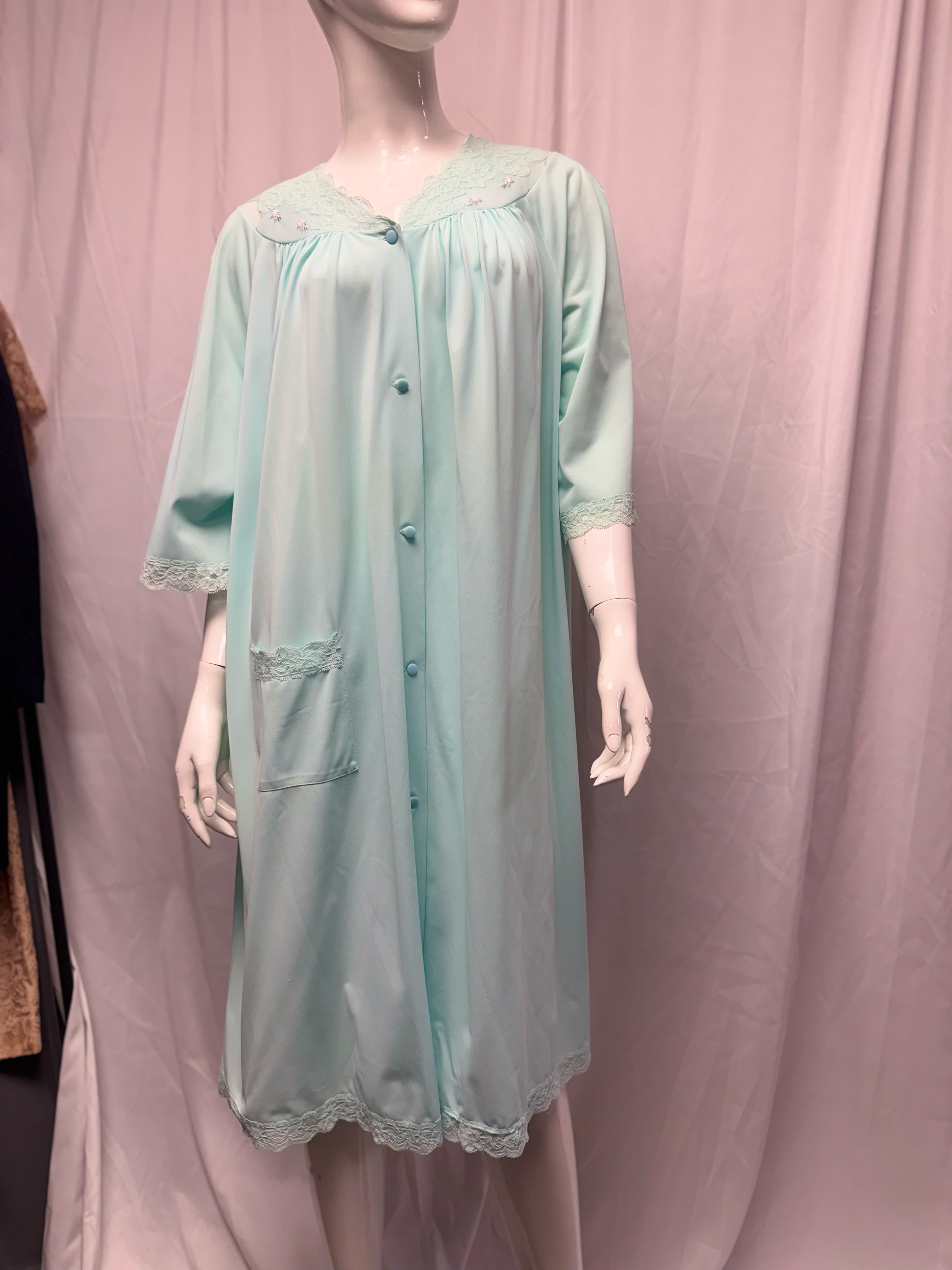 Light Teal Nylon Lace Trim Button Front Nightgown Boudoir Sleepwear - Size M