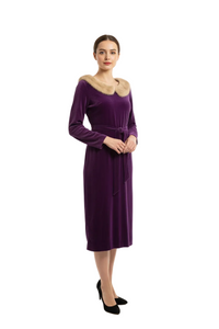 Purple Velvet Cocktail Dress Faux Fur Collar Old Hollywood Evening Style - Size S
