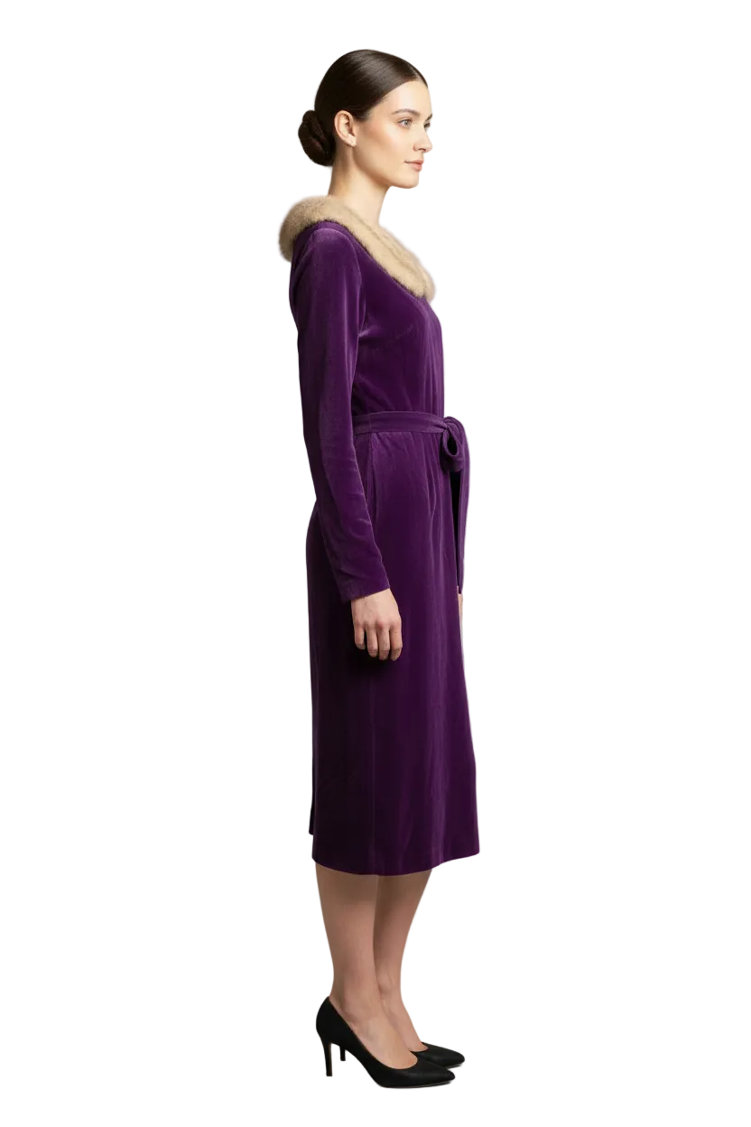 Vintage 1940s 1950s Purple Velvet Cocktail Dress | Faux Fur Collar | Size Small