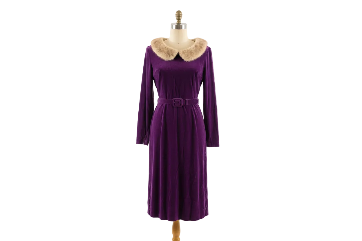 Purple Velvet Old Hollywood Cocktail Dress w/ Faux Fur Collar