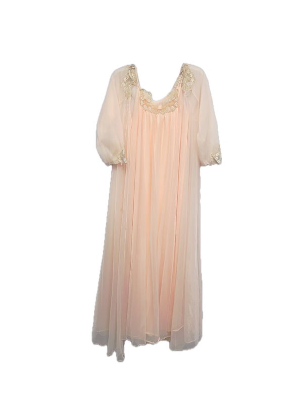 1960s Peach Nylon Lace Boudoir Peignoir Set – Size M