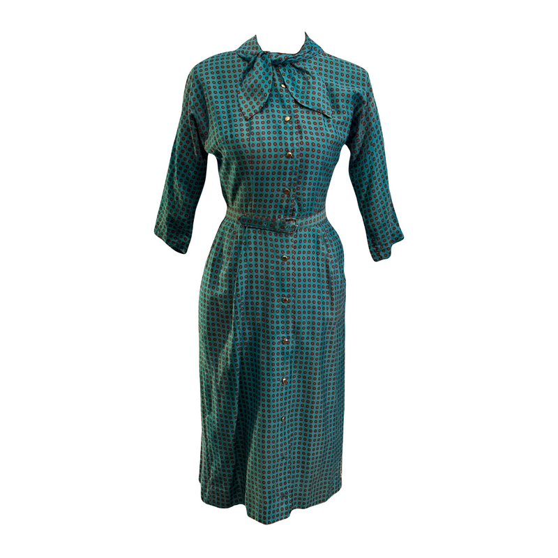 Polka Dot Belted Blossom Dress with Necktie in Turquoise – Size S