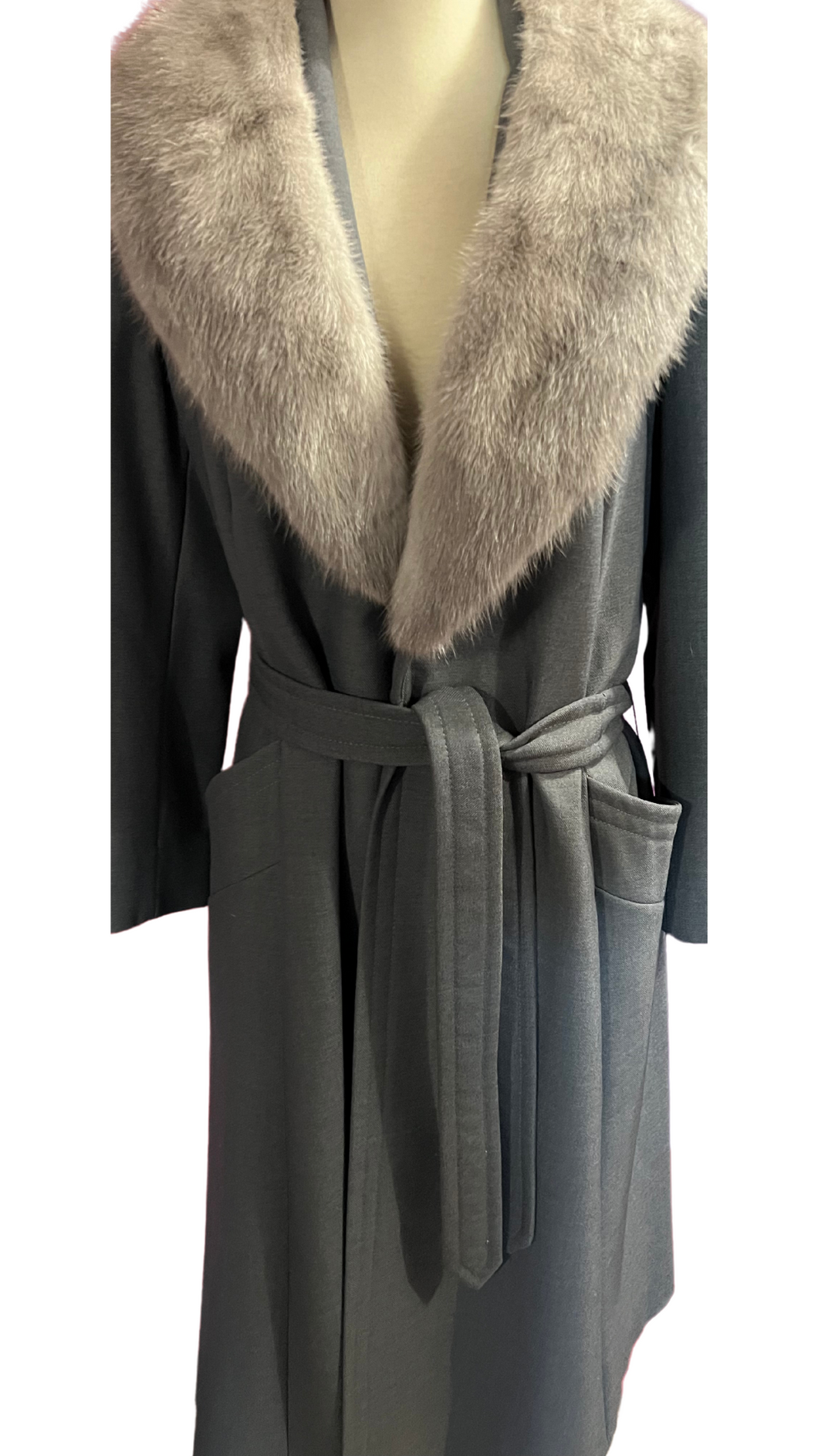 1970s Grey Fur Collar Dress Coat