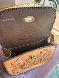 Vintage Tan Tooled Leather Crossbody Bag with Floral Tooling