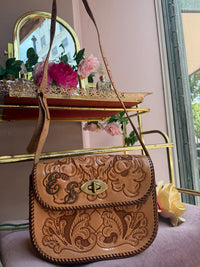 Vintage Tan Tooled Leather Crossbody Bag with Floral Tooling