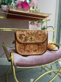 Vintage Tan Tooled Leather Crossbody Bag with Floral Tooling