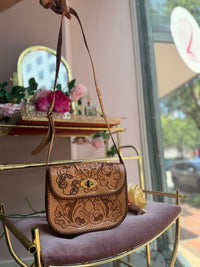 Vintage Tan Tooled Leather Crossbody Bag with Floral Tooling