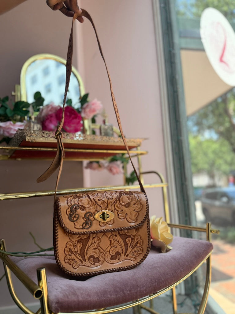 Vintage Tan Tooled Leather Crossbody Bag with Floral Tooling