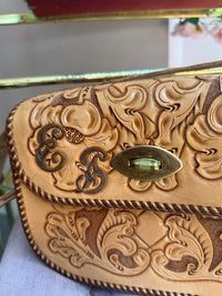 Vintage Tan Tooled Leather Crossbody Bag with Floral Tooling